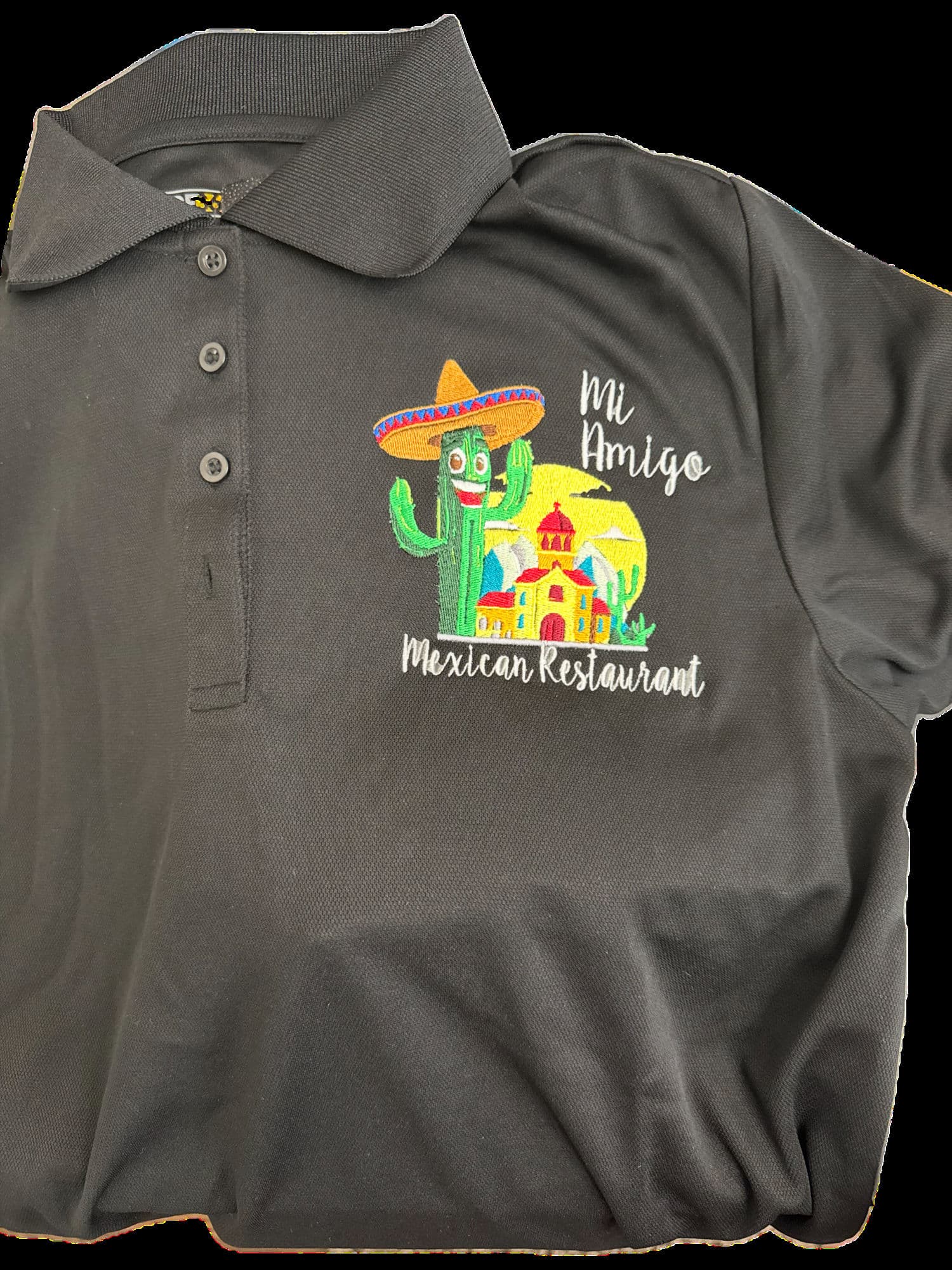 Black polo embroidered with the colorful Mi Amigo Mexican Restaurant cactus logo